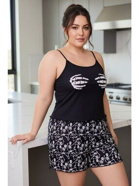 Skeleton Hand Cami Lounge Shorts Pajama Set Stretch Plus Size Matching Sleepwear